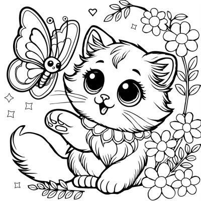 The cat and the butterfly in the flowers
